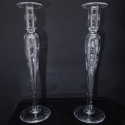 14" Large c1910 Pairpoint American Brilliant Cut Engraved Candlesticks