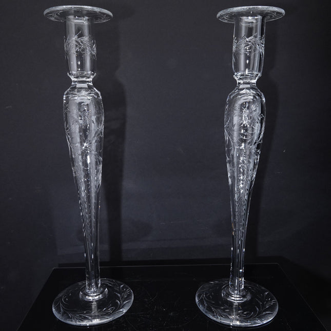 14" Large c1910 Pairpoint American Brilliant Cut Engraved Candlesticks