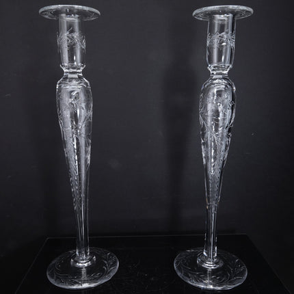 14" Large c1910 Pairpoint American Brilliant Cut Engraved Candlesticks