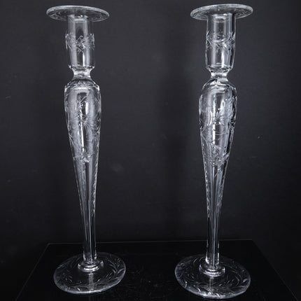 14" Large c1910 Pairpoint American Brilliant Cut Engraved Candlesticks