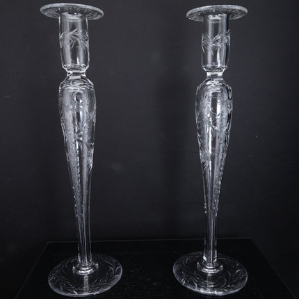 14" Large c1910 Pairpoint American Brilliant Cut Engraved Candlesticks