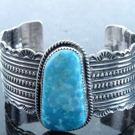 Navajo Sterling and Blue Gem Turquoise cuff bracelet by Harold Joe