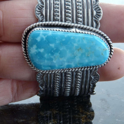 Navajo Sterling and Blue Gem Turquoise cuff bracelet by Harold Joe