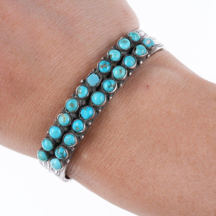 6" 40's-50's Navajo Stamped silver double row turquoise bracelet