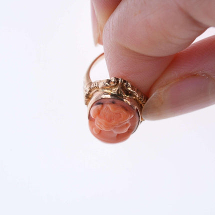 Sz3 Antique 14k gold hand carved coral cameo ring