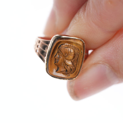 sz4 Antique gold carved cat's eye ring