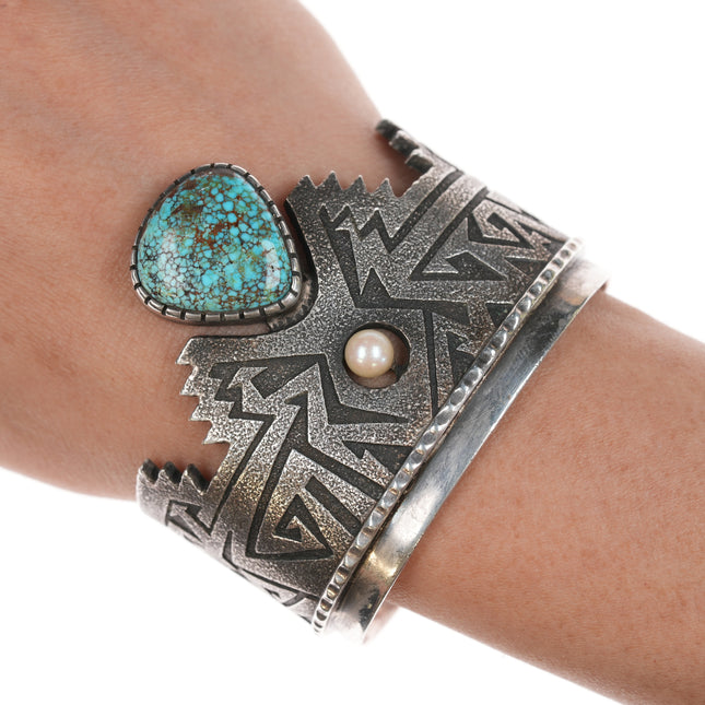 6.25" Richard Tsosie Navajo Silver cuff bracelet with high grade turquoise and pearl