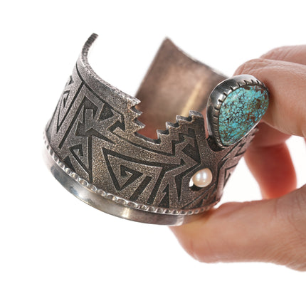 6.25" Richard Tsosie Navajo Silver cuff bracelet with high grade turquoise and pearl