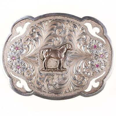 Vintage Diablo Hand Engraved Sterling silver overlay belt buckle with rubies and