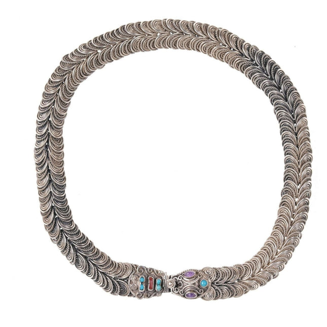 复古 Rivera Matilde Poulat 风格墨西哥纯银蛇颈链，镶嵌绿松石、紫水晶和珊瑚