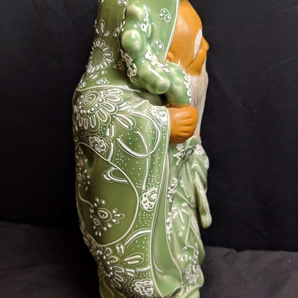 Fukurokuju-Gottstatue, japanische Seladon-Satsuma-Moriage-Figur, frühes 20. Jahrhundert