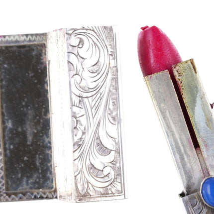 Engraved Italian 800 Silver Lipstick Case Vintage Holder w/ Mirror Compact b