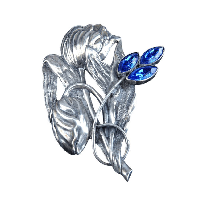 Riesige Jugendstil-Repousse-Sterling-Tulpenbrosche mit Strasssteinen