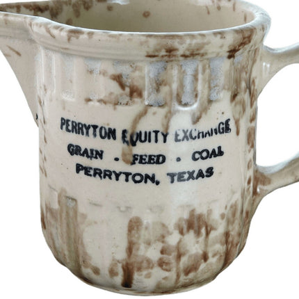 c1940 Spongeware Werbekrug Perryton Texas Equity Exchange Getreide, Futtermittel, Kohle, Depressionszeit