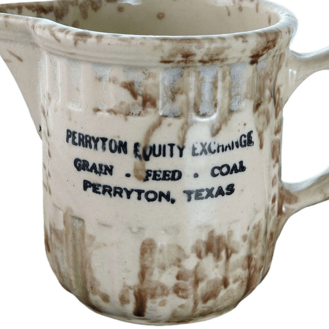 c1940 Spongeware Werbekrug Perryton Texas Equity Exchange Getreide, Futtermittel, Kohle, Depressionszeit