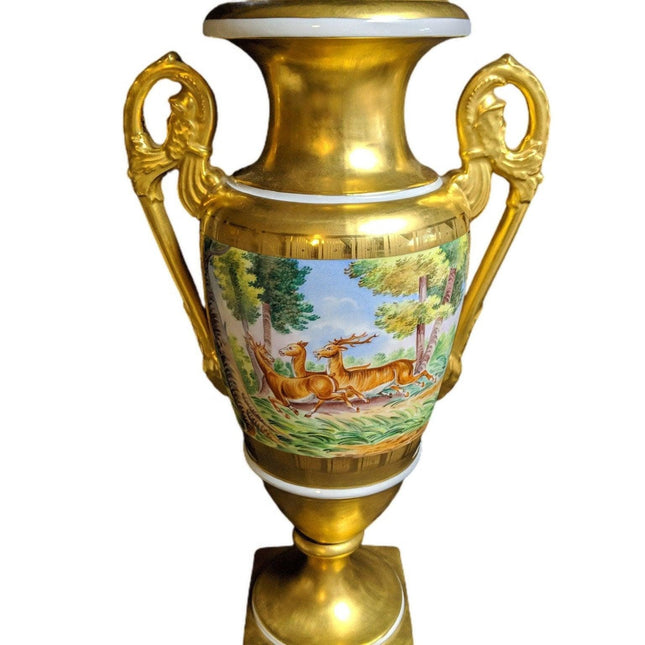 1940's Hand Painted Heavy Gold Porcelaine de Paris Large trophy vase  15 3/8" ta