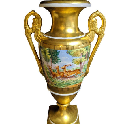 Große Trophäenvase aus handbemaltem schwerem Gold Porcelaine de Paris aus den 1940er Jahren, 15 3/8" hoch x 8,75" breit