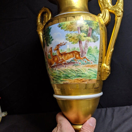 Große Trophäenvase aus handbemaltem schwerem Gold Porcelaine de Paris aus den 1940er Jahren, 15 3/8" hoch x 8,75" breit