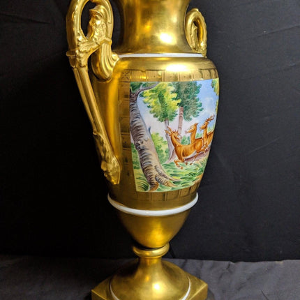 Große Trophäenvase aus handbemaltem schwerem Gold Porcelaine de Paris aus den 1940er Jahren, 15 3/8" hoch x 8,75" breit