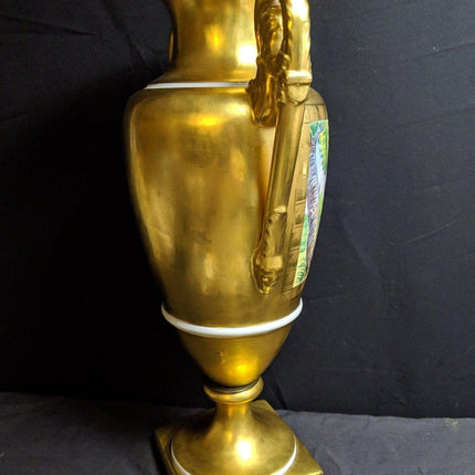 Große Trophäenvase aus handbemaltem schwerem Gold Porcelaine de Paris aus den 1940er Jahren, 15 3/8" hoch x 8,75" breit