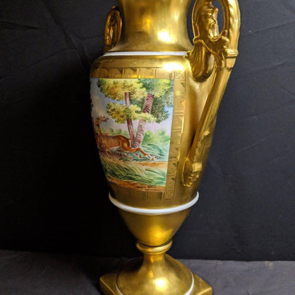 Große Trophäenvase aus handbemaltem schwerem Gold Porcelaine de Paris aus den 1940er Jahren, 15 3/8" hoch x 8,75" breit