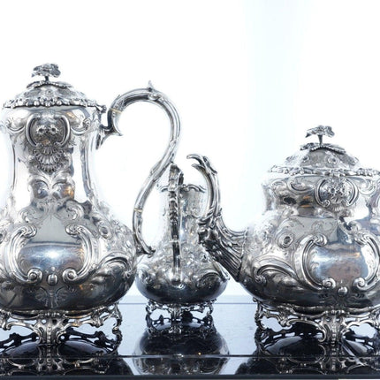 4pc Fanciest c1858 Antique Armorial Sterling Repousse tea set