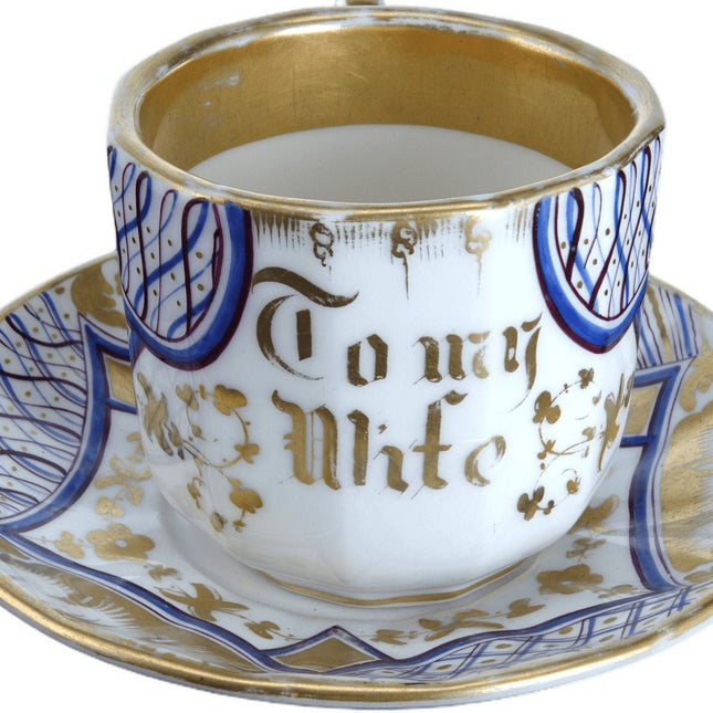 c1860 Large French Presentation Cup and Saucer "To my Wife" Old paris porcelain