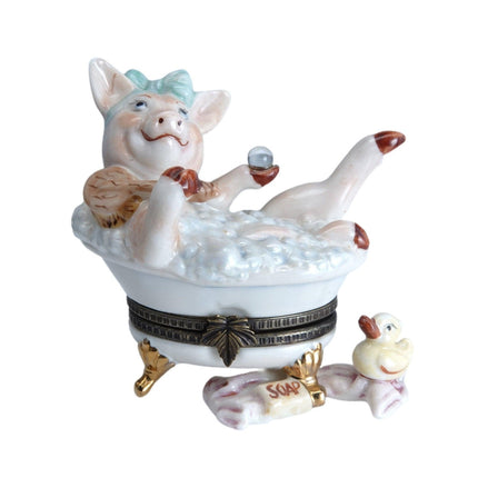 1990's Studio USA Pig in a bathtub Trinket Box Hand Painted