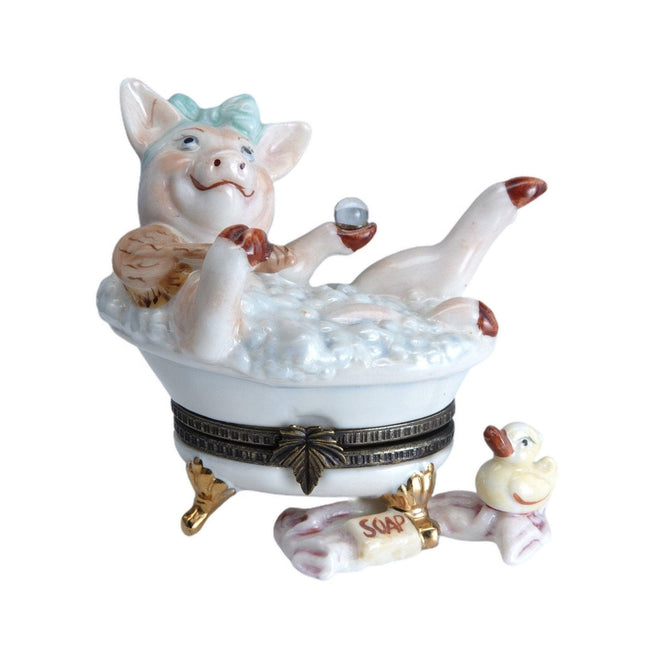 1990er Jahre Studio USA Schwein in einer Badewanne Trinket Box handbemalt