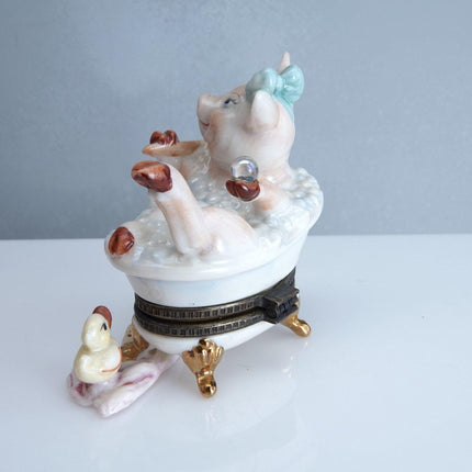 1990's Studio USA Pig in a bathtub Trinket Box Hand Painted