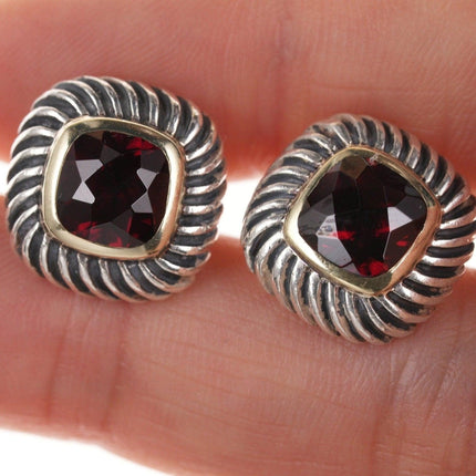 1990's David Yurman Sterling Silver 14k Yellow Gold Earrings with Garnet Stones