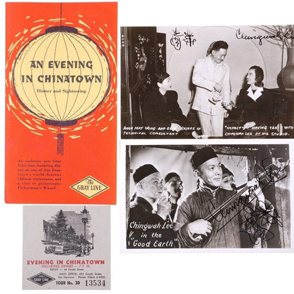 Autogrammierte Fotopostkarten von Chingwah Lee aus den 1940er-Jahren und Busticket „Abend in Chinatown“ in San Francisco sowie Flyer der Gray Line