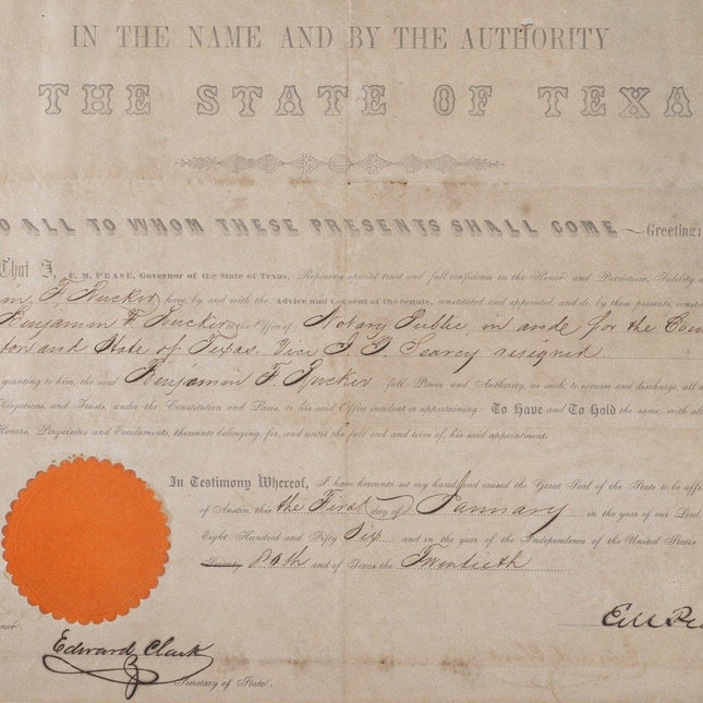 1856 unterzeichneten die Gouverneure von Texas, Elisha M. Pease/Edward Clark, ein Dokument