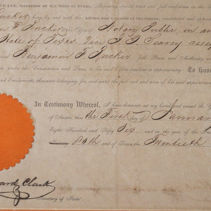 1856 Texas Governors Elisha M. Pease/Edward Clark Signed Document