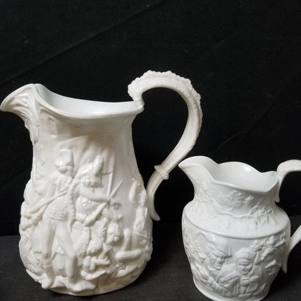 2 Relief Molded Jugs Napoleon at Battle and Tavern Scene Early 19th century