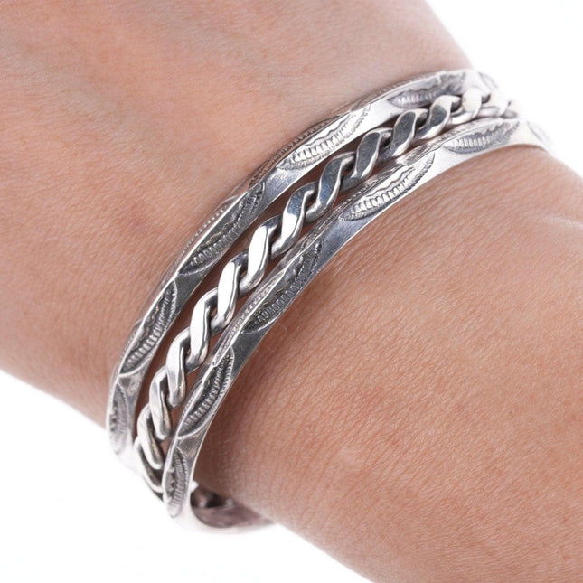 6.5" Vintage Navajo deep stamped twisted wire silver bracelet