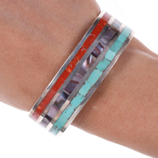 Vintage Zuni Channel inlay Turquoise, coral, and shell silver bracelet