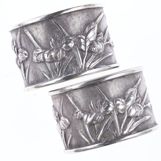 2 antike chinesische Repousse-Serviettenringe aus Silber