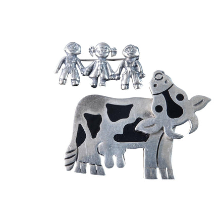 2 Vintage Mexican Sterling Whimsical Brooches, Cow and Kids