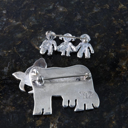 2 Vintage Mexican Sterling Whimsical Brooches, Cow and Kids