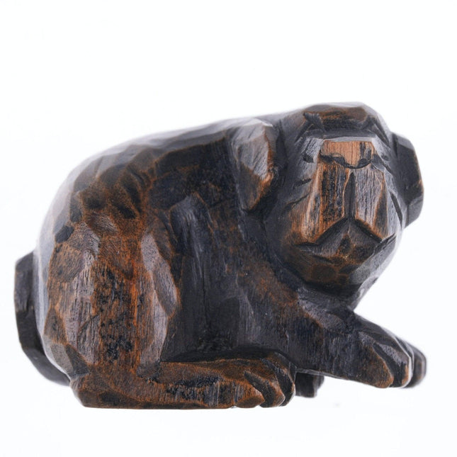 19th Century Japanese Carved wood puppy netsuke