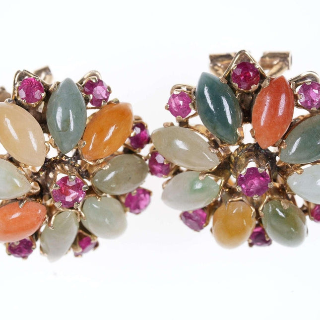 Vintage-Ohrringe aus 14-karätigem Gold mit Rubin und mehrfarbiger Jade