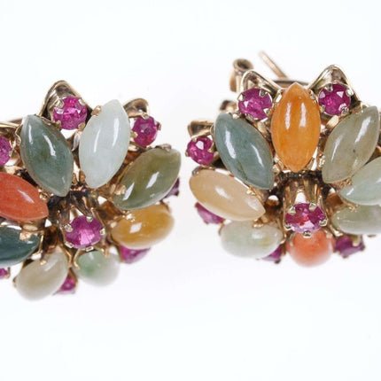 Vintage-Ohrringe aus 14-karätigem Gold mit Rubin und mehrfarbiger Jade