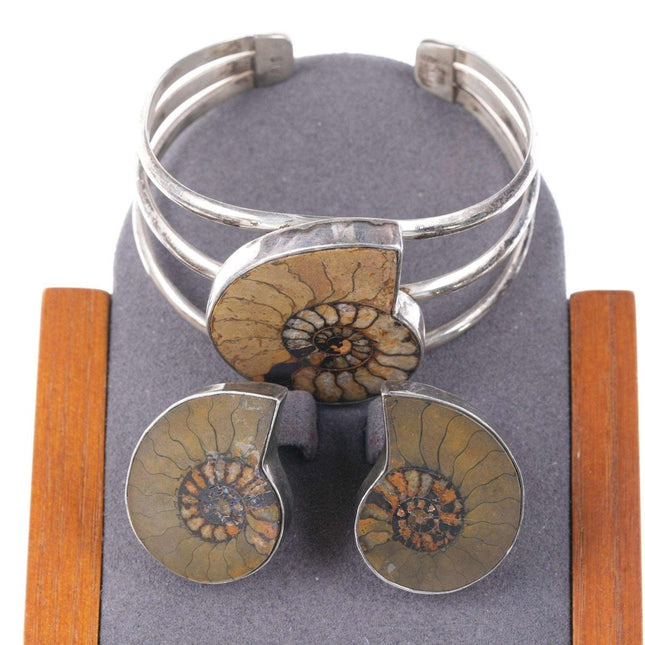 Retro AIS Southwestern Sterling silver Sea fossil cuff bracelet and earrings