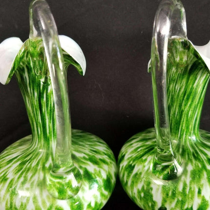 Green Spangle Glass Ewers Green white Mica Flecks c.1890 9"