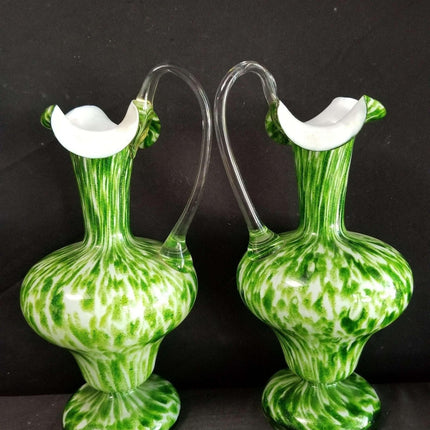 Green Spangle Glass Ewers Green white Mica Flecks c.1890 9"
