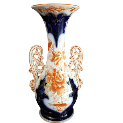 Alte Pariser Porzellanvase im Imari-Stil mit Scroll-Griff, handemailliert, gebranntes Orange, Kobaltgold, 19. Jahrhundert