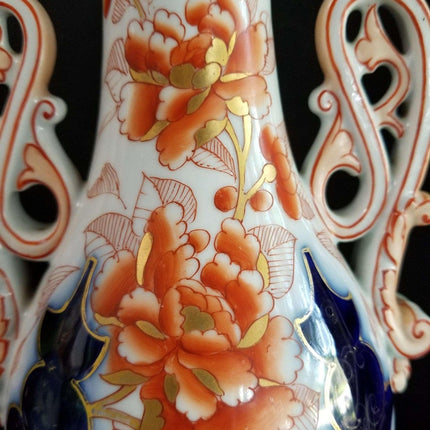 Alte Pariser Porzellanvase im Imari-Stil mit Scroll-Griff, handemailliert, gebranntes Orange, Kobaltgold, 19. Jahrhundert