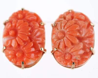 Vintage Chinese 14k Gold Carved Coral screw back Earrings