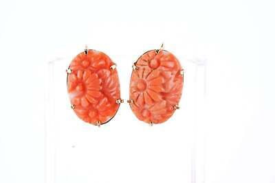 Vintage Chinese 14k Gold Carved Coral screw back Earrings